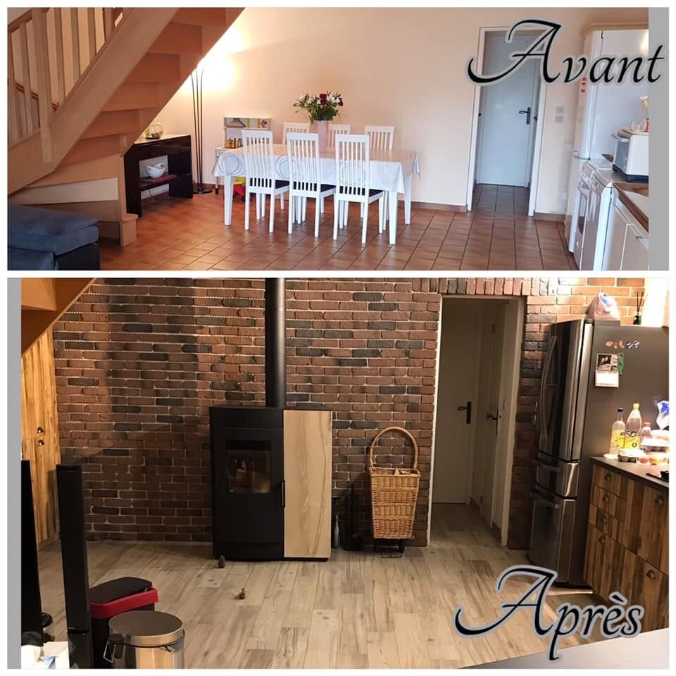 Avant et après : salle à manger au sol de tomettes rénovée avec sol aspect bois