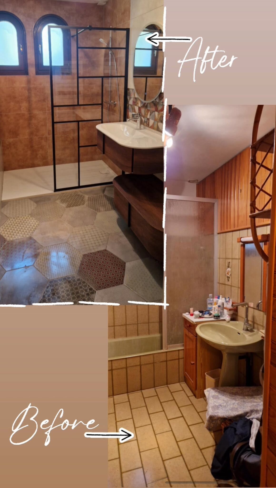 Avant et après : salle de bain refaite avec paroi vitrée et carreaux hexagonaux